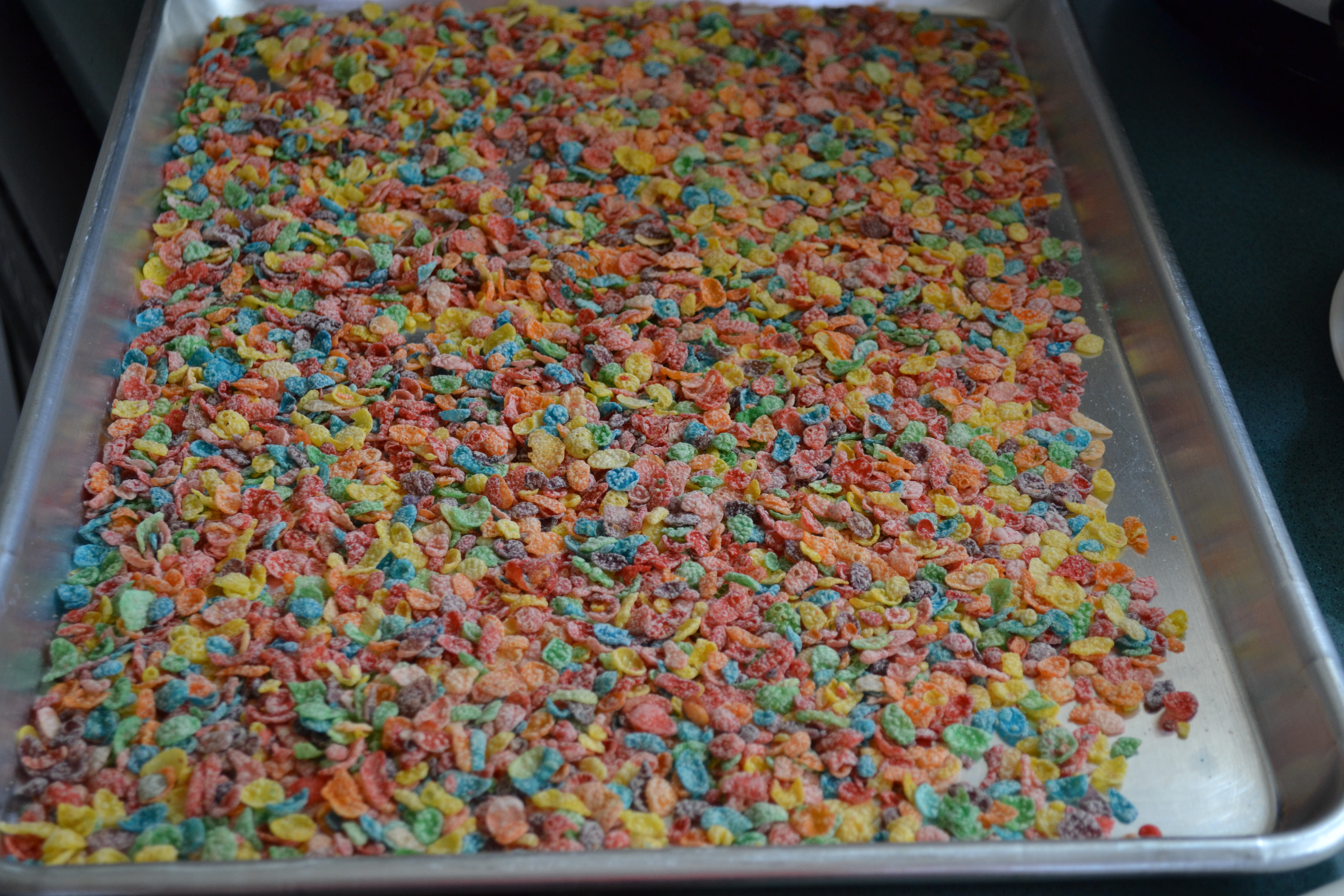 Cereal on a cookie sheet